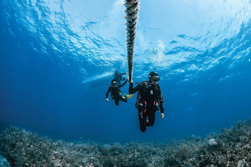 Scuba diving group following a dive line