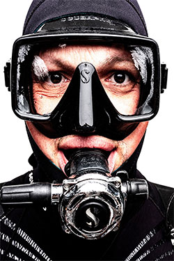 close up of photographer Tobias French with regulator