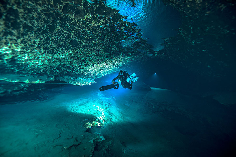 man cave diving with S-Tek technical gear