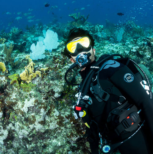 Diver underwater in Grand Cayman wearing the Hydros Pro BCD