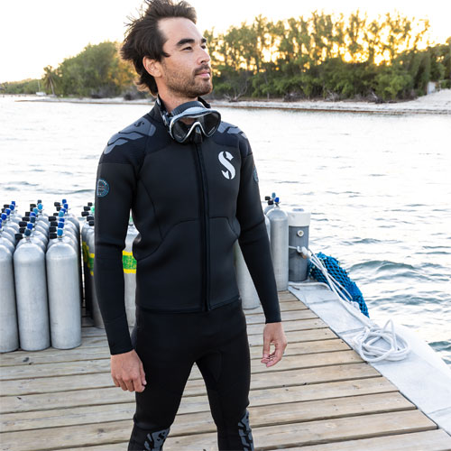 Man on a dock wearing SCUBAPRO divewear