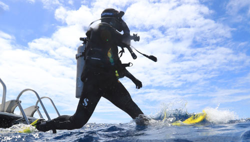 Diver jumping off a boat into the ocean